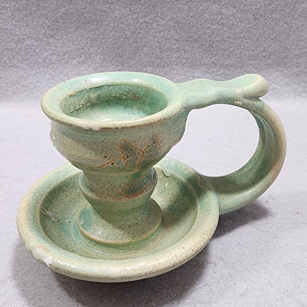 Chamberstick Tapper Candle Stick Holder Ceramic Green Glaze Handmade Vintage